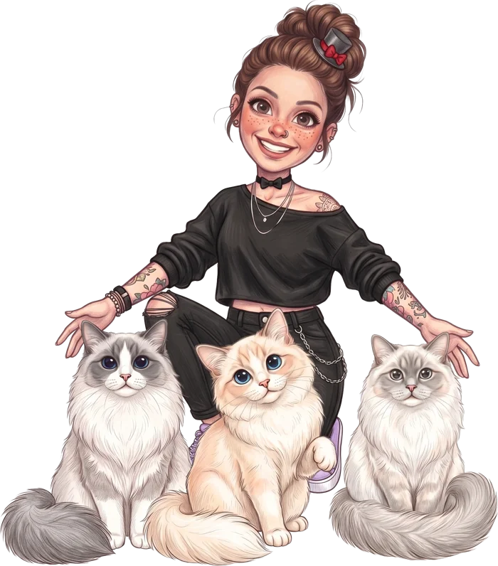 Ilustración de Lauri con sus tres gatos, Pompón, Yoshi y Mochi