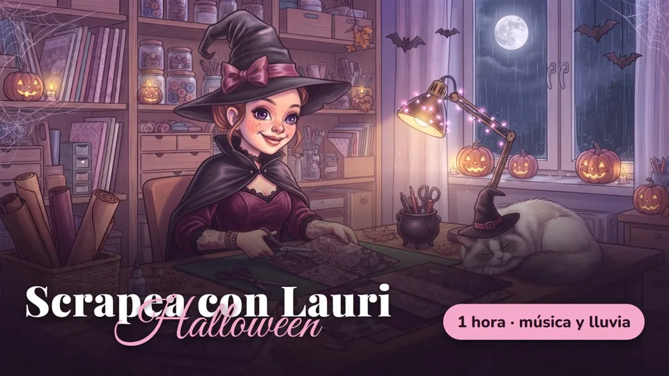 Scrapea con Lauri · Halloween: Lauri de bruja recortando papeles junto a Pompón